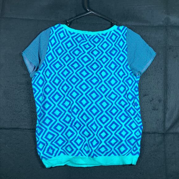 Ann Taylor Loft Womens Shirt Turquoise Geometric Diamond Cap Sleeve Modal S - Picture 10 of 12